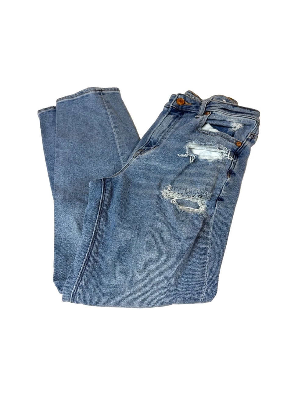 American Eagle Women’s Size 2 Mom Jeans Light Wash Distressed Blue Stretch #4312